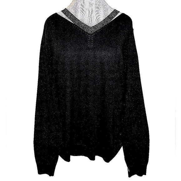 JOSEPH A. Black & Silver V-Neck Sweater Accented with a Silver Metallic Cut-Out - Picture 8 of 9